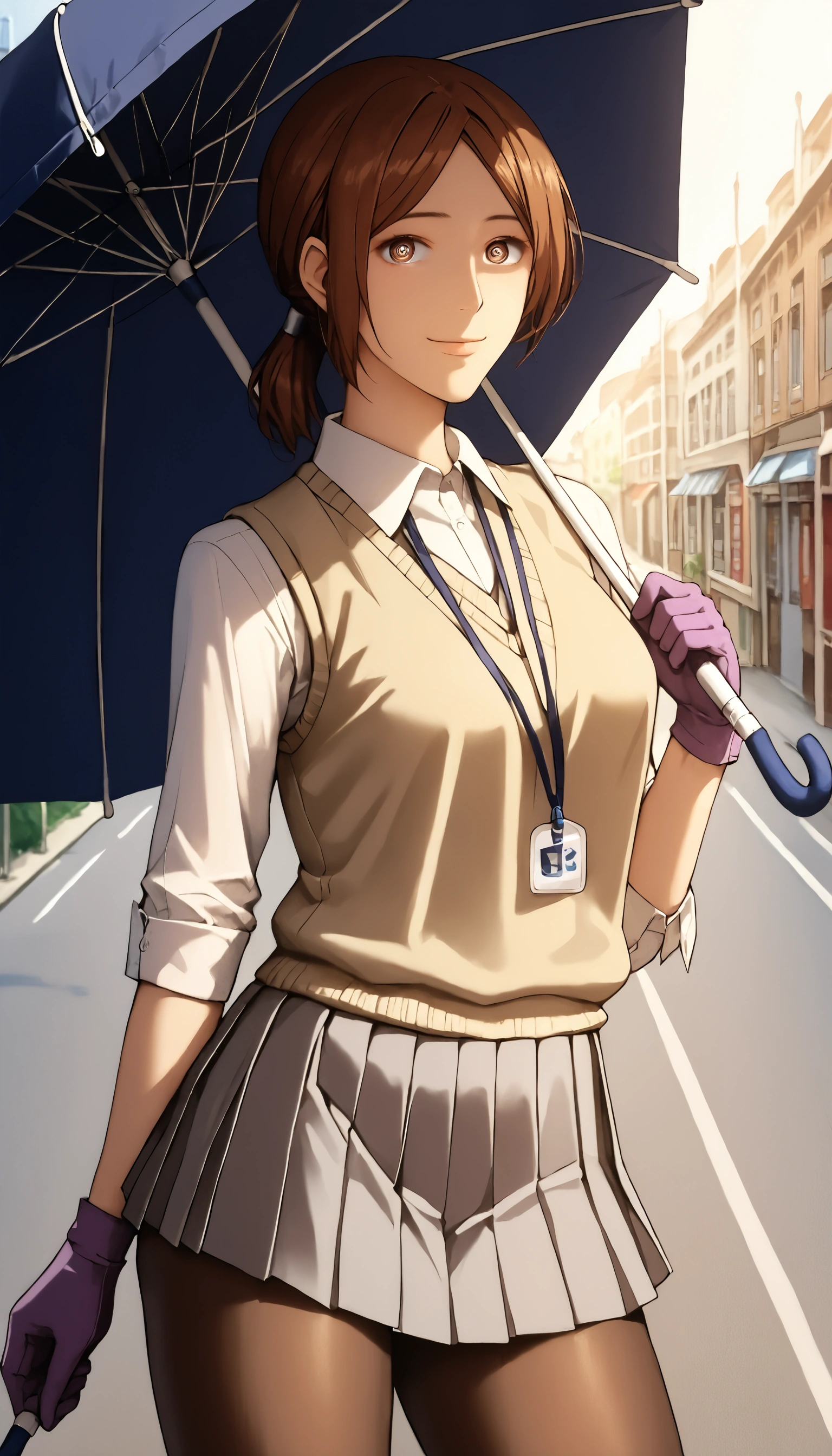 score_8_up, score_6_up, uncensored, kokoro amatsu, brown hair, brown eyes, ponytail, medium breasts, BREAK (masterpiece:1.2), best quality, high resolution, (beautiful detailed eyes:1.3), perfect lighting, (perfect hands, perfect anatomy), sagging breasts, umbrella, holding umbrella, 1girl, solo, breasts, pantyhose, umbrella, looking at viewer, holding umbrella, thighs, smile, purple gloves, gloves, transparent umbrella, cowboy shot, street, BREAK ruanyi1019, (collared shirt, grey skirt, pleated skirt, sweater vest, lanyard:1.3),