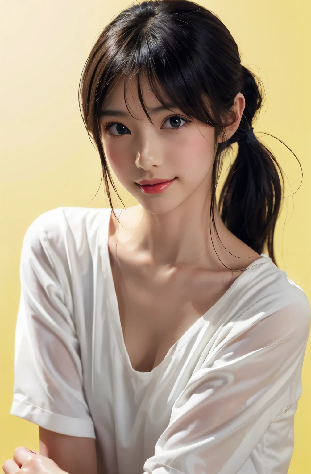 ​masterpiece, top-quality, 32K,  absurderes , (The upper part of the body:1.4), white  shirt, The long-haired、(poneyTail:1.3)、beautiful a girl, Clean face, looking at the viewers, A smile, A hyper-realistic, hight resolution, a picture, film grains, chromatic abberation,  sharp focus, nffsw, face lights, Dynamic lighting, ( movie lights:1.3), (Professional Shadows:1.3), simple background, (Dull yellow background:1.4), highestdetailed, ighly detailed,  ultra-detailed, finely detail, authentic skin, delicated facial features, detailed faces and eyes, Sharp pupils、Realistic pupils、(Korean、Japanese、Chinese:0.3)、(Glossy lips:1.4)