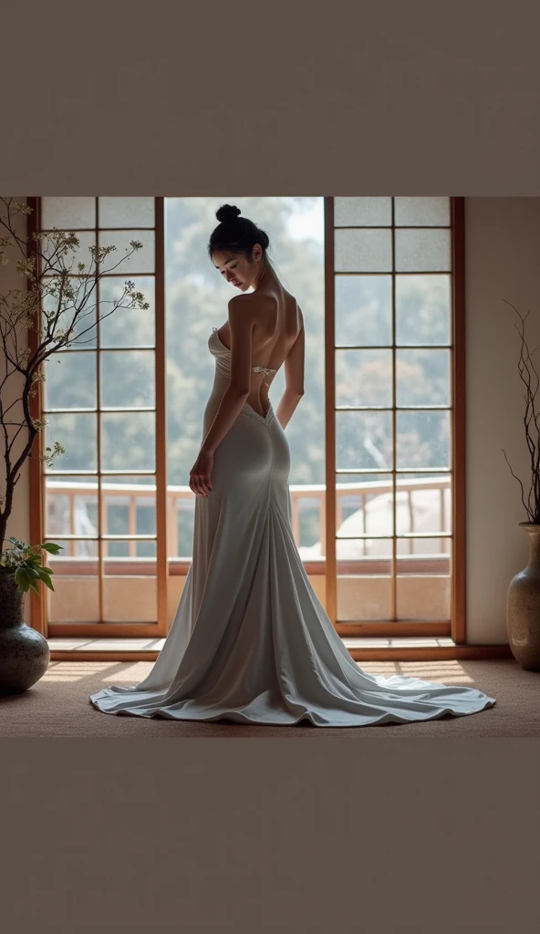 (masterpiece), (best quality), 8k resolution, 1girl, beautiful girl, stunning beauty, mature female, 30yo, perfect body, sexy, long dress, view from back, apple butt
