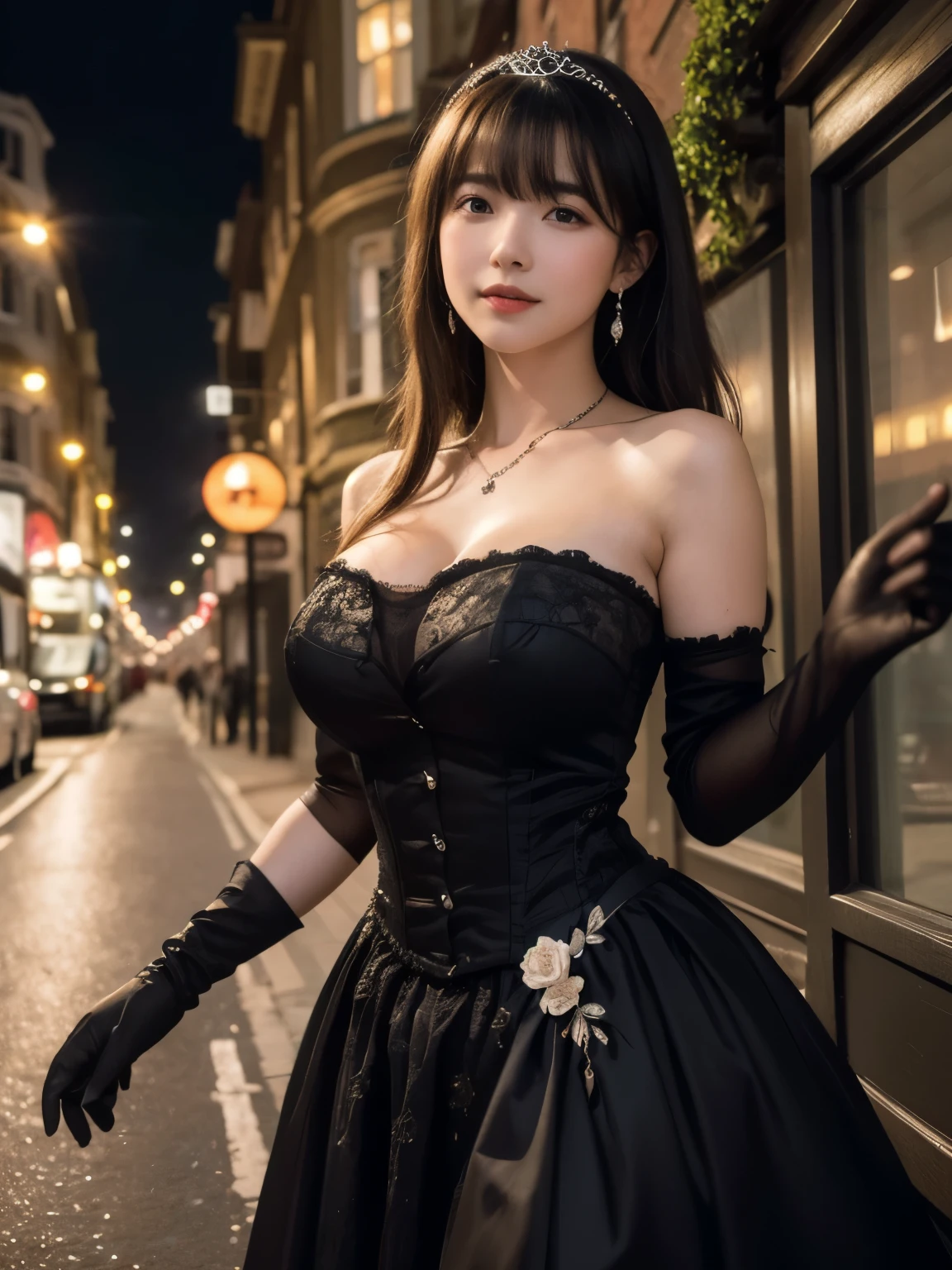 1girl, solo, ager, Slender Body, (huge Breasts:1.5), (pointy breasts:1.5), Low Height, (cute Japanese girl), smile, Looking at camera,
break
upper body, Seductive pose,
break,
Professional photo-realistic images, (8k, RAW photo, best quality, masterpiece:1.2), (realistic, photo-realistic:1.4), (extremely detailed 8k wallpaper), sharp focus, depth of field, blur background, bokeh, cinematic lighting, soft light,
break
ccfumika, idolmaster, long hair, tiara, hair ornament, hair flower, earrings, necklace, bare shoulders, cleavage, large breasts, black dress, strapless dress, black gloves,
break
Baker Street at night, 19th century England,
wrought iron fence surrounding entrance to sherlock holmes museum, sherlock holmes, victorian london, 19 th century london, london, sickening, 1901, 1901, abcdefghijklmnopqrstuvwxyz, 1910, 1910, portrait of sherlock holmes, 1904, by Stephen Bone, a horse-drawn carriage is running on the road,