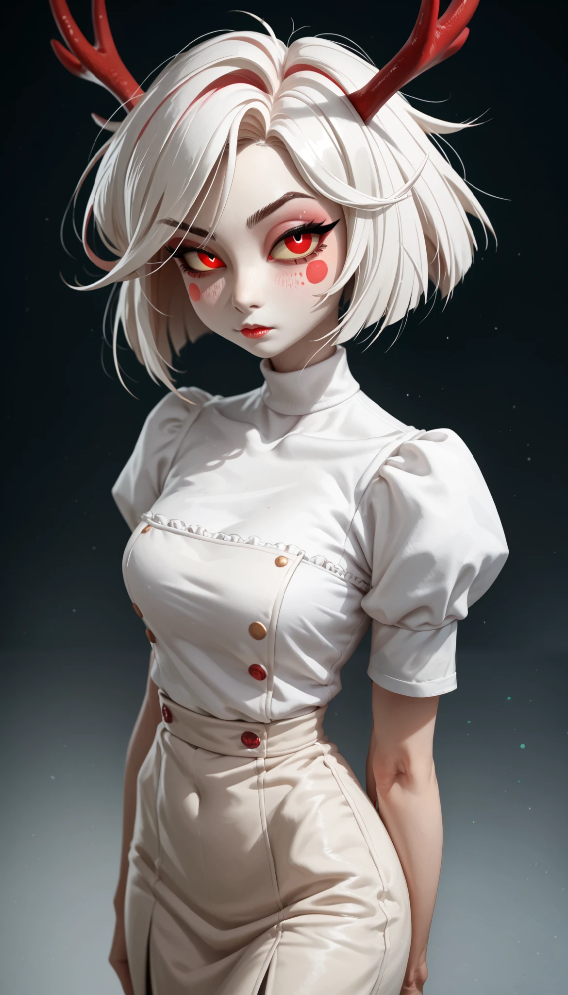 (zPDXL2), (PonyXLV6_Scores), source_anime, Expressiveh, full body portrait shot, BREAK
Inhata4564, 
Hazbin hotel drawing style (White hair) (red eye color) (deer) (medium short hair ) eyes a little slanted
