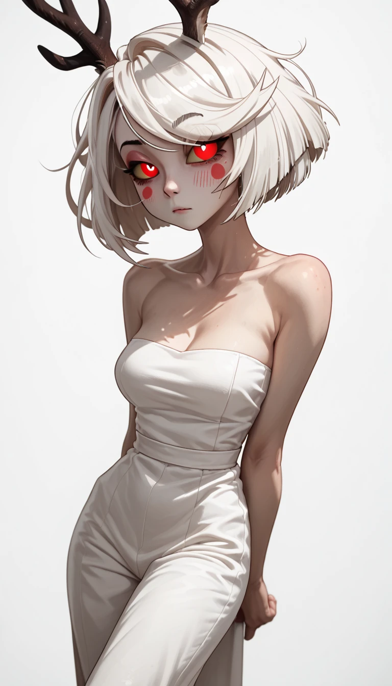 (zPDXL2), (PonyXLV6_Scores), source_anime, Expressiveh, full body portrait shot, BREAK
Inhata4564, 
Hazbin hotel drawing style, (White hair), (red eye color), (deer girl), (medium short hair), slanted eyes