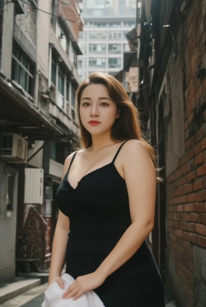 best quality,detailed background, chubby girl,Asian,in corner in street, wearing black dress, make up, red lips, thick lips, cleavage
