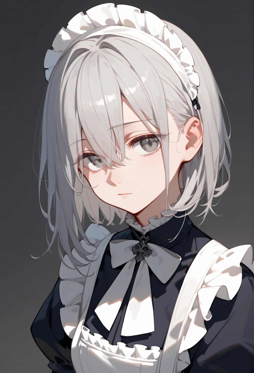 (score_9, score_8_up, score_7_up), 1 girl, Upper body, maid outfit, medium length hair, white silver hair, long bangs, hair between eyes, eyes visible through hair, gray eyes, doll joints, looking at viewer, neutral, innexpressive, standing, arms on sides, head tilt, simple background