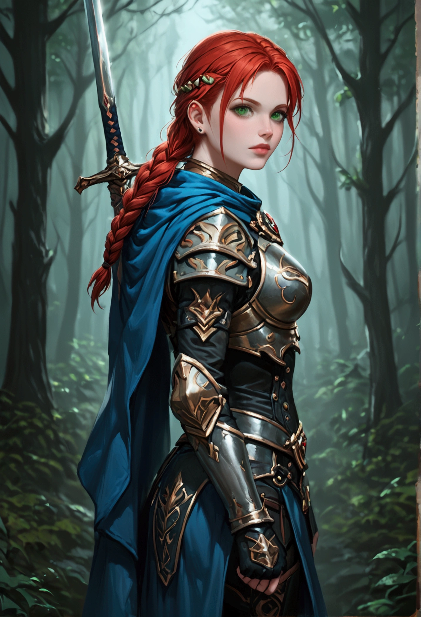 score_9, score_8_up, score_7_up, score_6_up, score_5_up, score_4_up, fantasy art, RPG art, Dark fantasy art, ultra wide shot, RAW, photorealistic, a portrait picture of female human ranger, the ranger, an exquisite beautiful human woman, long red hair, braided hair, green eyes, wearing leather armor, wearing (blue cloak: 1.1), armed with a (sword: 1.3), wearing high heels boots, standing in a dark forest at night, (mist rising from the grounds: 1.3), a sense of dread and fear, yet she stands defiant and fearless, dark fantasy forest background, best quality, 16k, [ultra detailed], masterpiece, best quality, (ultra detailed), full body, ultra wide shot, Cinematic Shot