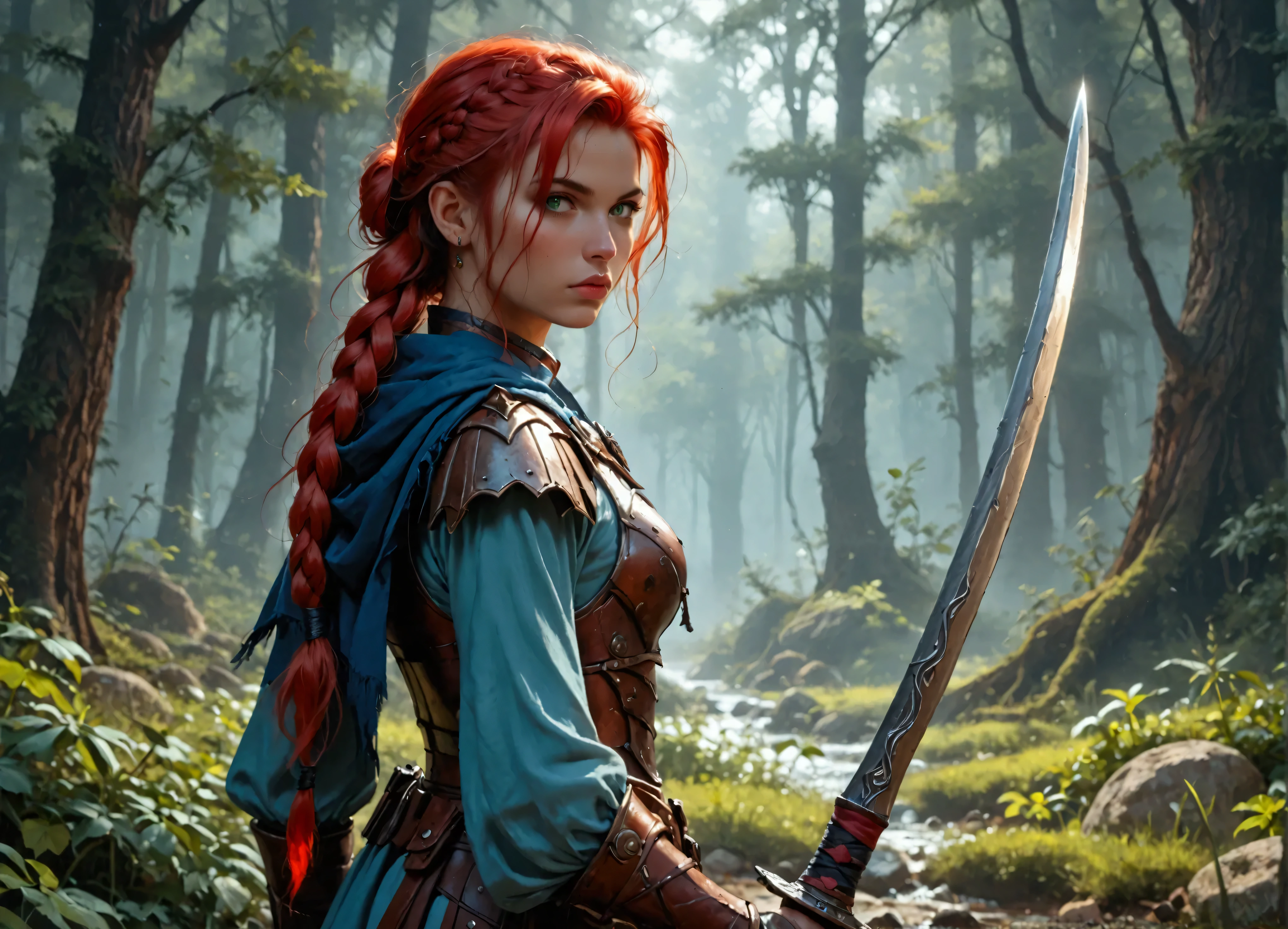 score_9, score_8_up, score_7_up, score_6_up, score_5_up, score_4_up,  fantasy art, RPG art, Dark fantasy art, ultra wide shot, RAW, photorealistic, a portrait picture of female human ranger, the ranger, an exquisite beautiful human woman, long red hair, braided hair, green eyes, wearing leather armor, wearing (blue cloak: 1.1), armed with a (sword: 1.3), wearing high heels  boots, standing in a dark forest at night, (mist rising from the grounds: 1.3), a sense of dread and fear, yet she stands defiant and fearless, dark fantasy forest background, best quality, 16k, [ultra detailed], masterpiece, best quality, (ultra detailed), full body, ultra wide shot, Curved Sword Slash, 