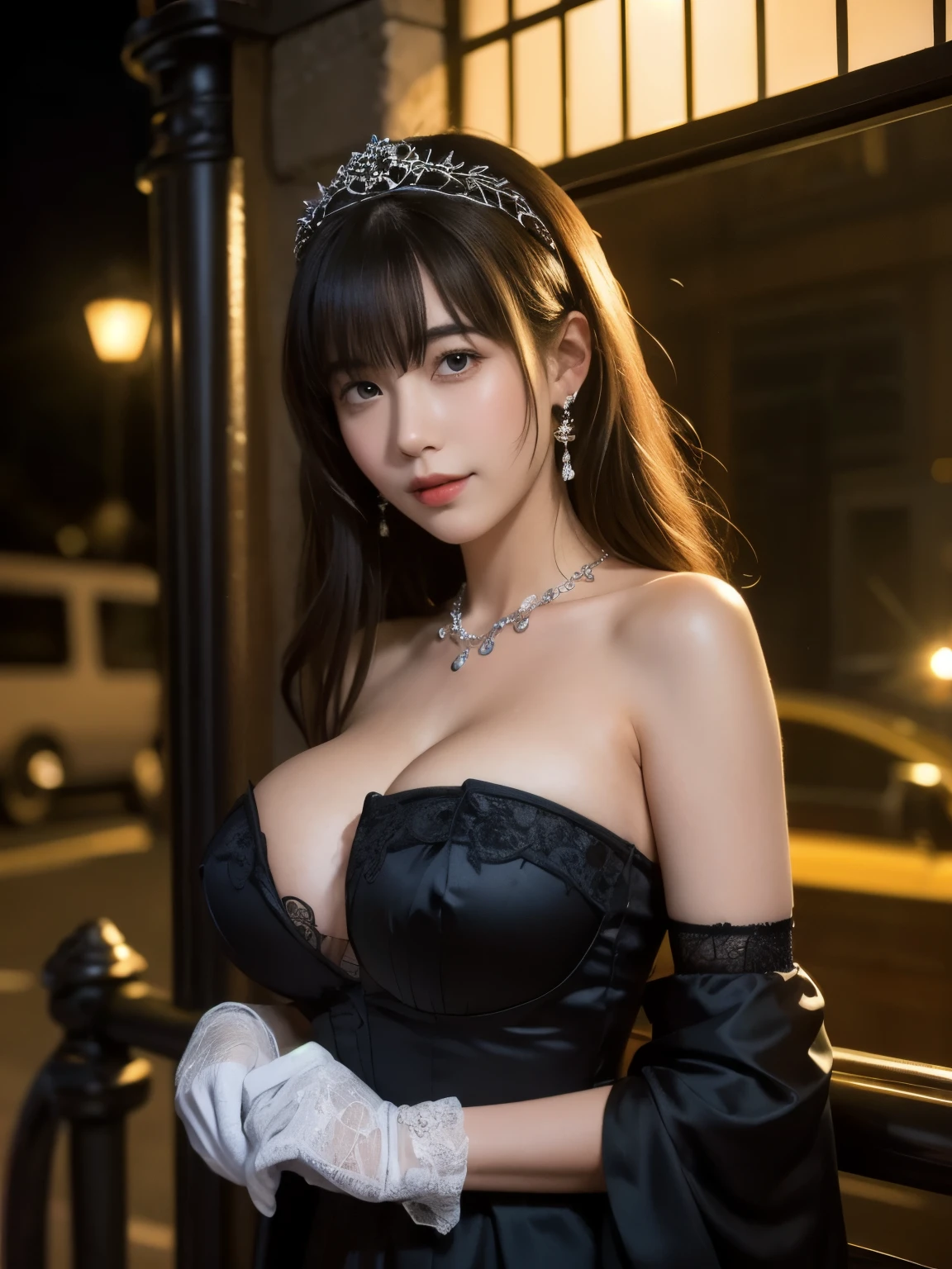 1girl, solo, teenager, Slender Body, (huge Breasts:1.5), (pointy breasts:1.5), Low Height, (cute Japanese girl), smile, Looking at camera, 
break
upper body, Seductive pose,
break,
Professional photo-realistic images, (8k, RAW photo, best quality, masterpiece:1.2), (realistic, photo-realistic:1.4), (extremely detailed 8k wallpaper), sharp focus, depth of field, blur background, bokeh, cinematic lighting, soft light,
break
ccfumika, idolmaster, long hair, tiara, hair ornament, hair flower, earrings, necklace, bare shoulders, cleavage, large breasts, black dress, strapless dress, black gloves,
break
Baker Street at night, 19th century England,
wrought iron fence surrounding entrance to sherlock holmes museum, sherlock holmes, victorian london, 19 th century london, london, sickening, 1901, 1901, abcdefghijklmnopqrstuvwxyz, 1910, 1910, portrait of sherlock holmes, 1904, by Stephen Bone, a horse-drawn carriage is running on the road,