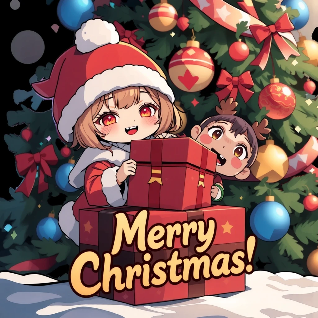 （masterpiece、high quality、High image quality、4K、8k、）、Merry Christmas logo design（gold「Happy Christmas!」 ）、Anime Style、a chibistyle girl  wears  Santa Claus costume and hat、隣にチビスタイルの男の子（トナカイのきぐるみを着た）、 Presented by Christmas Present 、Deformed Anime 、The simple thick line 、Avatar、 background is Christmas Tree 、キラキラ光るツリーの飾り、賑やか、幸せ、 