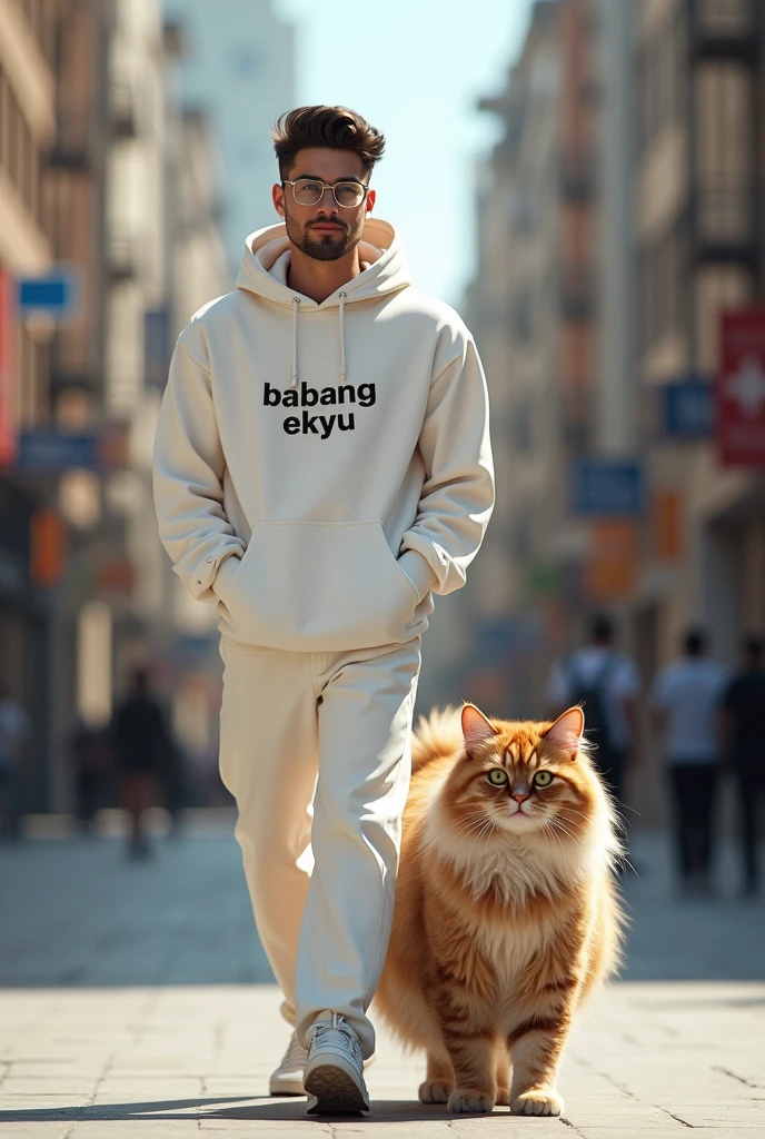 Indonesian young man 30 years old, rather short neck, dashing, white skin, looking at the camera, white satin t-shirt that says "TRENDY KONTER" cream colored mountain pants, black belt with keris motif, walking beside a small waterfall, there are white cats and peacocks the color is red and the wings are flowering