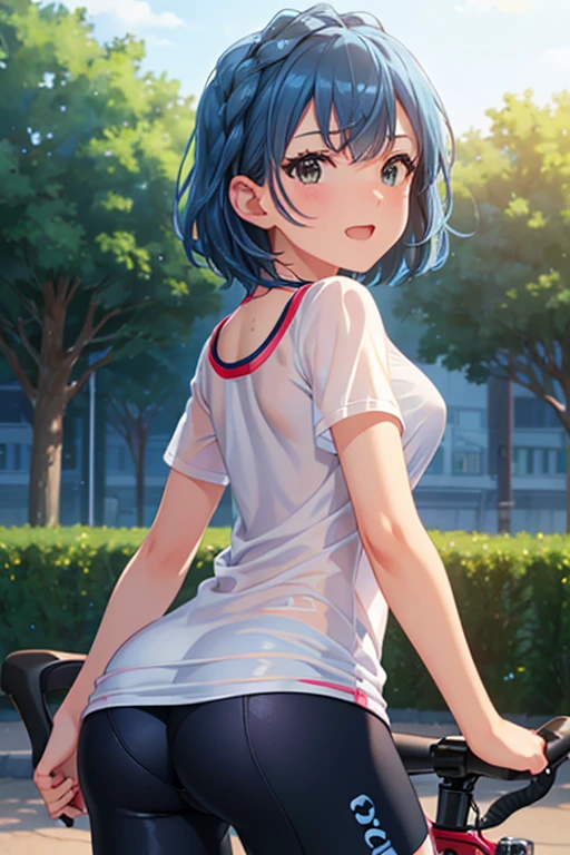 masterpiece, best quality,anime style, 1 girl,(((slender body))), (((small eyes,glasses))),(((cheerleader uniform))), (beautiful face), (((short hair))), (((straight hair))), ((((blue hair)))),detailed beautiful skin, (perfect hands, perfect anatomy),scream