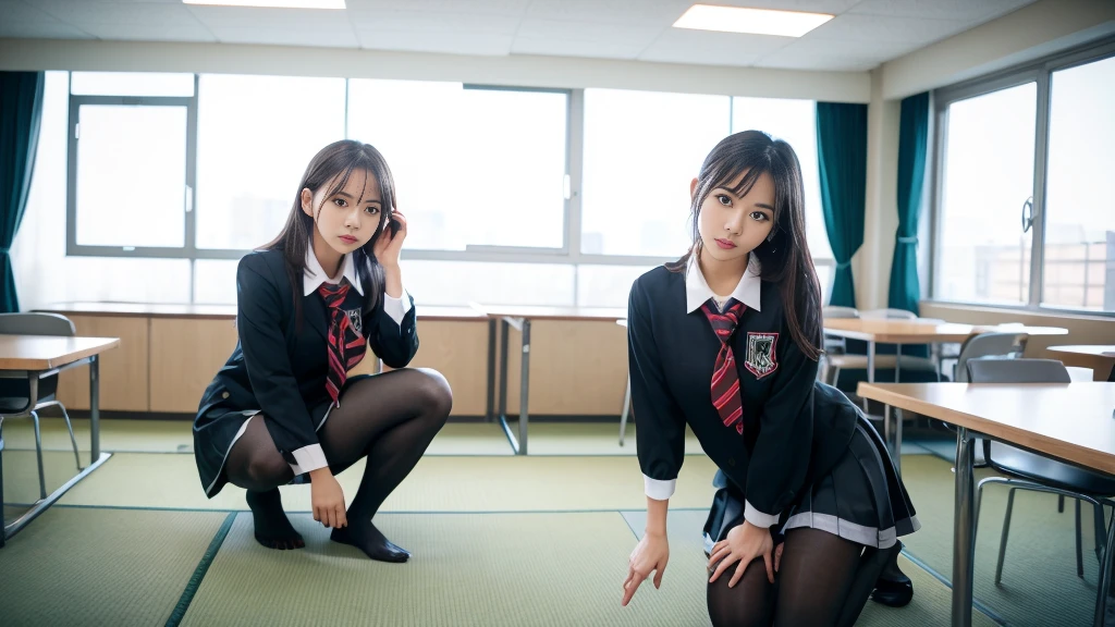 Japanese School, crass room, desk work, Chair, Beautiful High School Girl, a high school boy、Blazer, neck tie, high socks, Loafer schoolgirl, High school girl sitting on chair,Man sitting upright on the floor、 legs crossed, Looking down, (Foot View), Glaring expression,(Shoe soles)