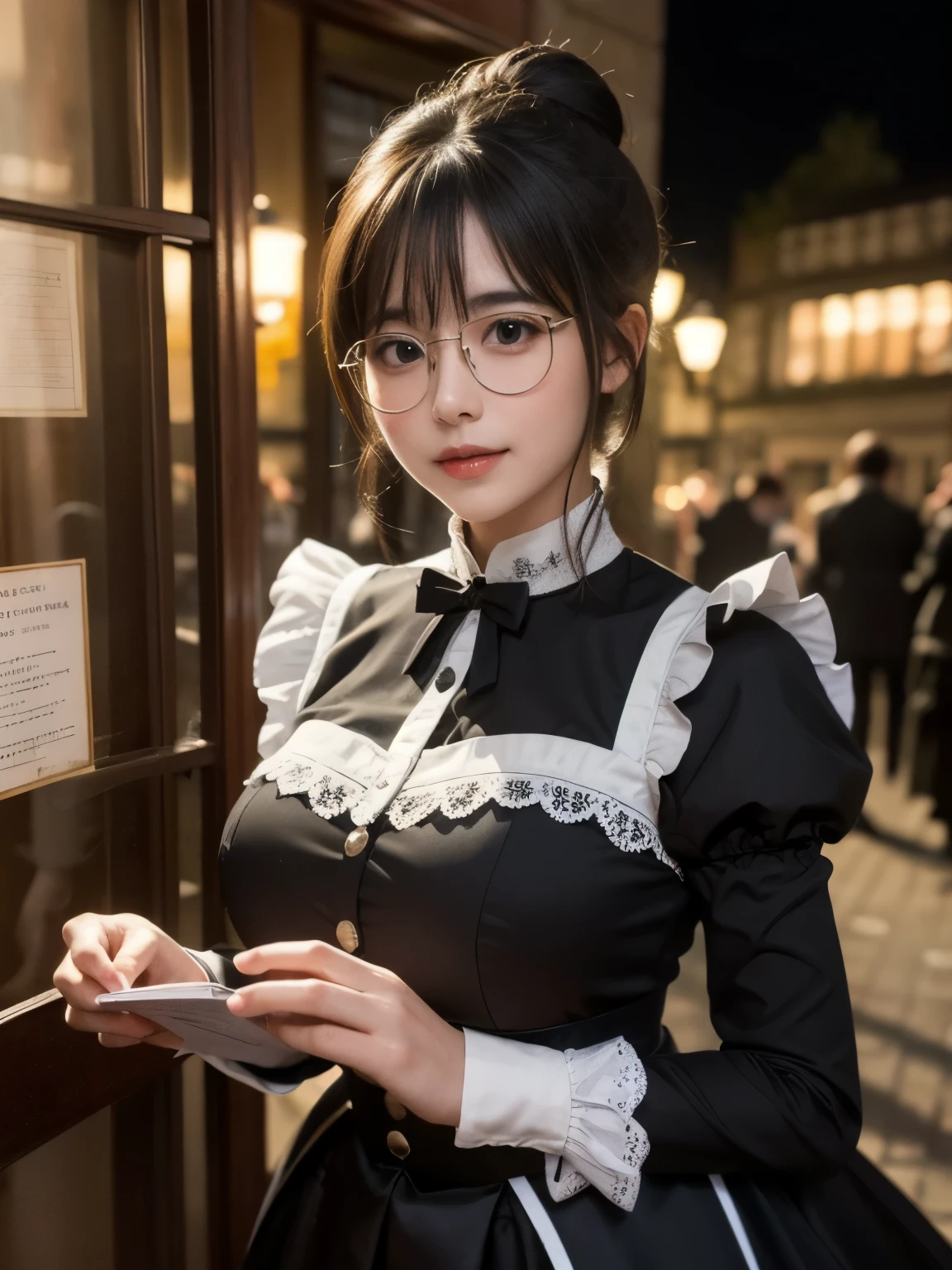 1girl, solo, teenager, Slender Body, (huge Breasts:1.5), (pointy breasts:1.5), Low Height, (cute Japanese girl), smile, Looking at camera,
break
upper body, Seductive pose,
break,
Professional photo-realistic images, (8k, RAW photo, best quality, masterpiece:1.2), (realistic, photo-realistic:1.4), (extremely detailed 8k wallpaper), sharp focus, depth of field, blur background, bokeh, cinematic lighting, soft light,
break
eefumika, idolmaster, single hair bun, maid headdress, sidelocks, glasses, frills, brooch, maid, black dress, puffy sleeves, long sleeves, maid apron, white apron,
break
Baker Street at night, 19th century England,
wrought iron fence surrounding entrance to sherlock holmes museum, sherlock holmes, victorian london, 19 th century london, london, sickening, 1901, 1901, abcdefghijklmnopqrstuvwxyz, 1910, 1910, portrait of sherlock holmes, 1904, by Stephen Bone, a horse-drawn carriage is running on the road,