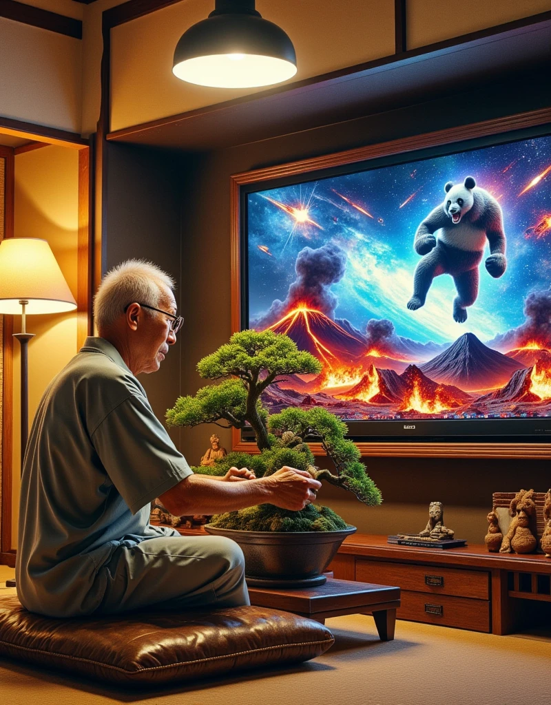 ultra-realistic, photorealistic, dramatic scene, shadow, global-illumination, solo, (An elderly Japanese man is taking care of bonsai trees in a Japanese stylish room), simple room wear, Japanese tatami floor, low table, Japanese furnishings, Christmas decoration, bonsai, the large old TV displays\(Muay Thai fighter vs. terrifying man-eating panda, there are the shouting Muay Thai fighter and terrifying panda with fang, volcano, thunder, giant meteorite, galaxy, blackhole, missile, explosion,  Muay Thai fighter shows extremely painful expressions\), bright ceiling lighting in the room, peaceful sunny day,