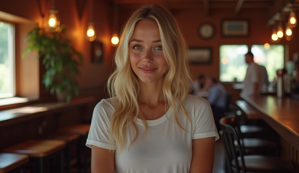 HD screencap from a 2015 romantic comedy movie, a stunningly beautiful, prissy 18-year-old white girl with perfectly-coiffed blonde hair, sparkling blue eyes, and a perfect hourglass figure, sits adorably in a diner wearing a gray sweatshirt and jeans
