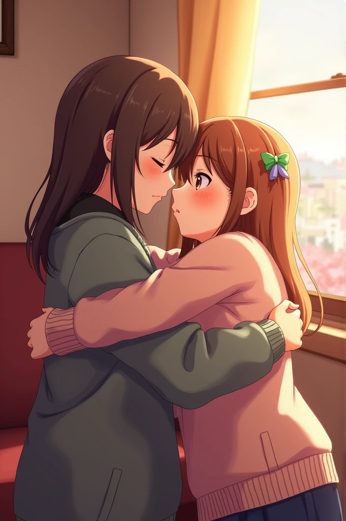Anime, mother x daughter, kissing with lips and tongue and sharing saliva, -gap, 14-ar i girl x adult woman, daughter sitting on mother’s lap, living room couch, aggressive mouth movements