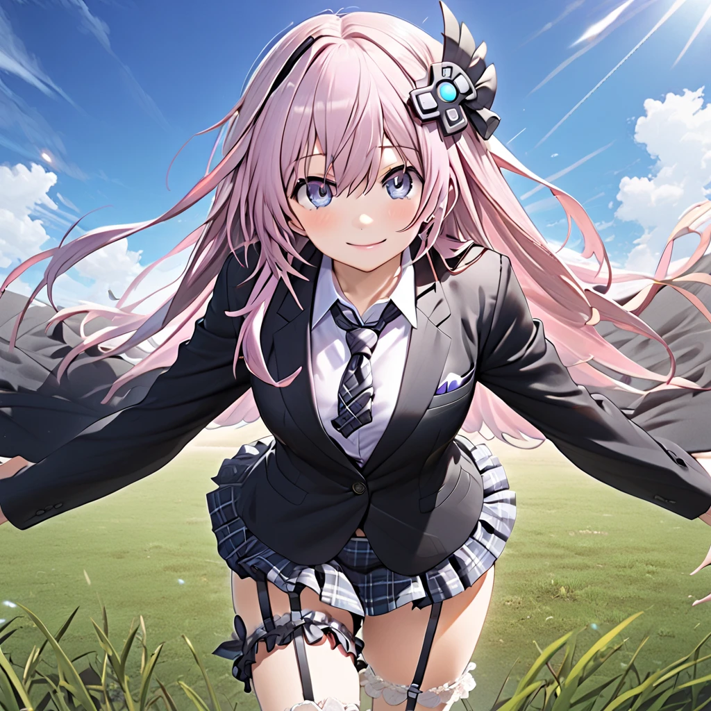 Nepgear, d-pad hair ornament,smile, (Black blazer:1.5)、(Regular necktie:1.5)、( black plaid mini skirt:1.5)、(Thighs),(bridal garter:1.５),grassland、blue sky、 cowboy shot leading to the climax、 ( perfect anatomy ),( best quality), ( ultra hi-res), ( high definition ), , ( Highly Detailed CG), (32K), (masterpiece)、eyesHD