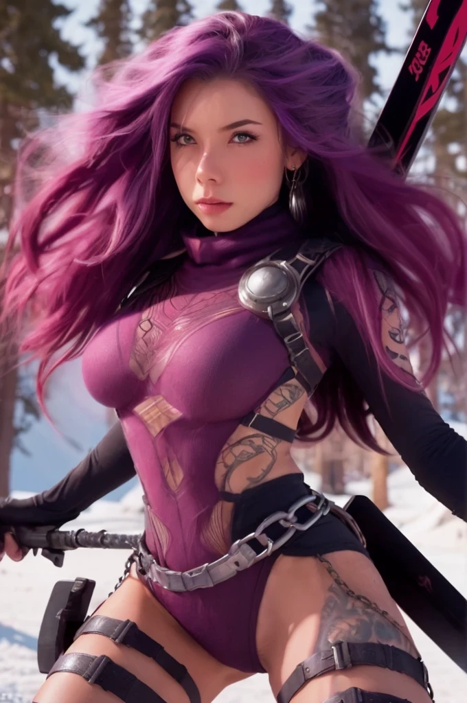 a cute woman, space pirate, sexy violet battle outfit, purple hair, decorative chains, skis, big gun, skiing down a dangerous trail, blasting mutant monsters with her weapon, high action, (best quality,4k,8k,highres,masterpiece:1.2),ultra-detailed,(realistic,photorealistic,photo-realistic:1.37),detailed eyes,detailed lips,extremely detailed face,longeyelashes,vibrant colors,dramatic lighting,cinematic,sci-fi,concept art, show her from head to toe, show her entire body, show all of her
