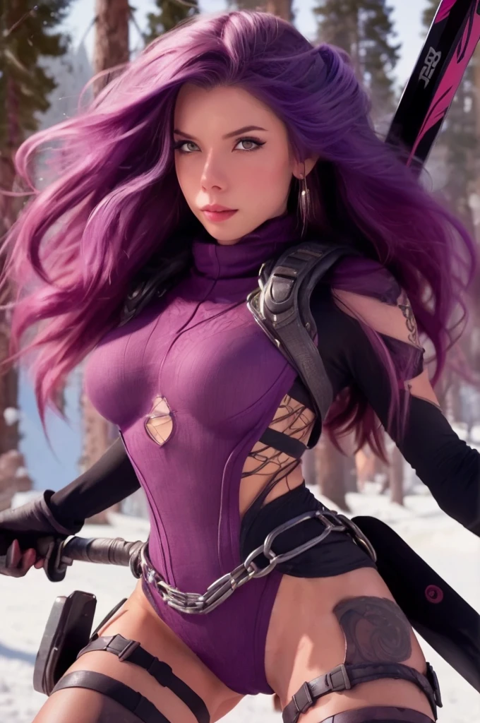 a cute woman, space pirate, sexy violet battle outfit, purple hair, decorative chains, skis, big gun, skiing down a dangerous trail, blasting mutant monsters with her weapon, high action, (best quality,4k,8k,highres,masterpiece:1.2),ultra-detailed,(realistic,photorealistic,photo-realistic:1.37),detailed eyes,detailed lips,extremely detailed face,longeyelashes,vibrant colors,dramatic lighting,cinematic,sci-fi,concept art, show her from head to toe, show her entire body, show all of her
