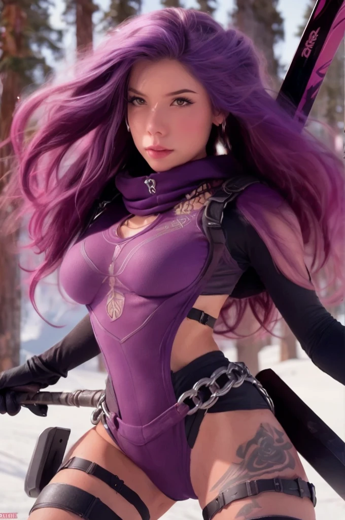 a cute woman, space pirate, sexy violet battle outfit, purple hair, decorative chains, skis, big gun, skiing down a dangerous trail, blasting mutant monsters with her weapon, high action, (best quality,4k,8k,highres,masterpiece:1.2),ultra-detailed,(realistic,photorealistic,photo-realistic:1.37),detailed eyes,detailed lips,extremely detailed face,longeyelashes,vibrant colors,dramatic lighting,cinematic,sci-fi,concept art, show her from head to toe, show her entire body, show all of her
