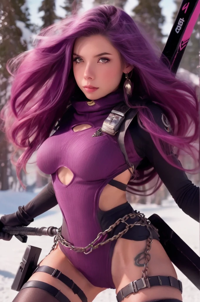 a cute woman, space pirate, sexy violet battle outfit, purple hair, decorative chains, skis, big gun, skiing down a dangerous trail, blasting mutant monsters with her weapon, high action, (best quality,4k,8k,highres,masterpiece:1.2),ultra-detailed,(realistic,photorealistic,photo-realistic:1.37),detailed eyes,detailed lips,extremely detailed face,longeyelashes,vibrant colors,dramatic lighting,cinematic,sci-fi,concept art, show her from head to toe, show her entire body, show all of her
