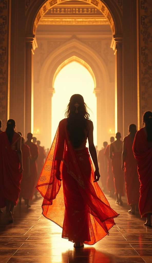 Create a realistic depiction of the scene from the Mahabharata where Draupadi is disrobed in the Kaurava court. The scene should take place in a grand, ancient palace with intricate stone carvings and elaborate decor, reflecting the opulence of a royal court. Draupadi, with long flowing hair and dressed in a traditional sari, should be at the center, her expression showing both distress and defiance. Surrounding her, the Kaurava princes, including Duryodhana and Dusshasana, should be portrayed with a mix of arrogance and malice. Lord Krishna's divine intervention should be subtly visible, with Draupadi’s sari extending infinitely as a symbol of divine protection. The atmosphere should be tense, with a focus on the dramatic tension and the gravity of the moment. The lighting should be dim, with shafts of light highlighting key figures, adding to the intense emotional atmosphere.