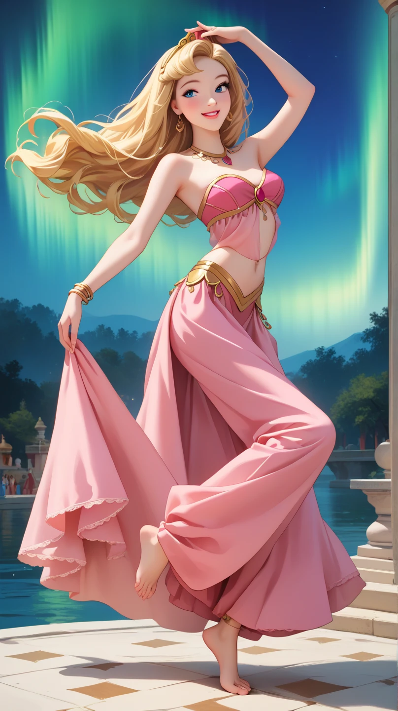 PonyXLV6_Scores ,source_anime, masterpiece,best quality, highly detailed,cinematic, BREAK Aurora,1girl, solo, blonde hair, blue eyes, loose hair, barefoot,naughty face, small-medium beautiful feet, (Aurora's face exactly as original Disney character), ((Aurora dressed as an arabian exotic dancer, pink outfit, dancing in a Harem))