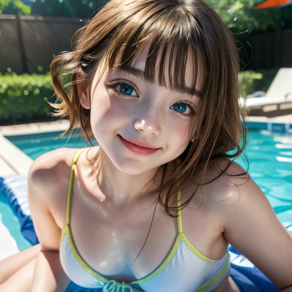 ((masterpiece)), ((best quality)), (ultra-detailed), pool,  a cute girl, 1girl, solo, bikini, ((beautiful eyes)), smile