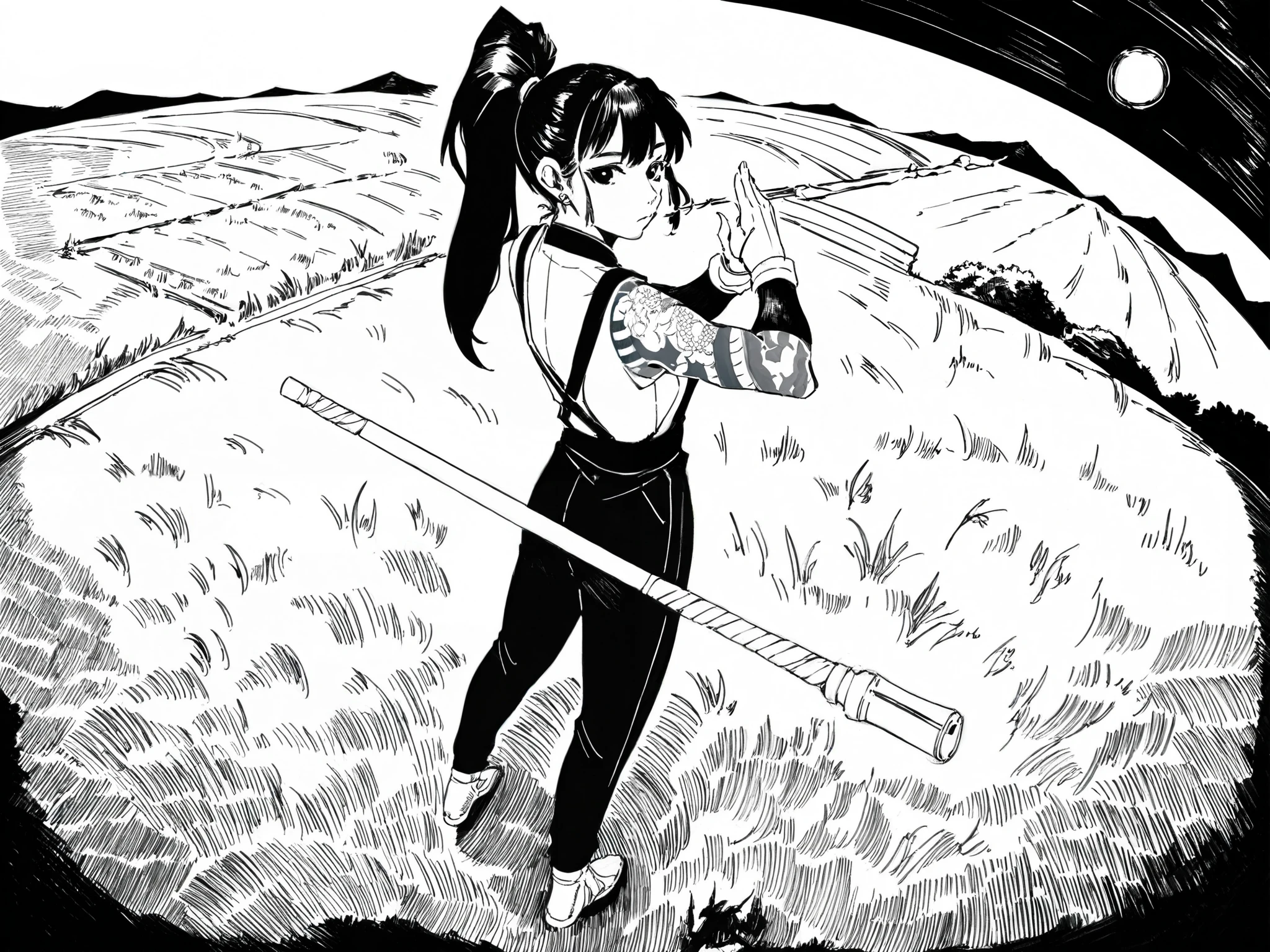 1girl, wearing a chinese , holding bo staff, looking back, martial artist, black hair tied in a high ponytail, black eyes, asian ethnicity, slender body. standing in a rice field, tattoos, fisheye perspective, cinematic manga hatching, ultra detailed hatching

An illustration the overall style of the illustration is inspired by the art of gustave Dore. 

Black and white, extremely detailed hatching, contour lines, 
