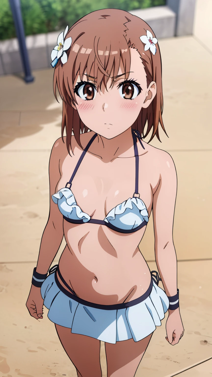 (masterpiece, best quality, high resolution, 8k:1.2), (anime coloring:1.2), highly detailed, beautiful eyes, perfect eyes, fine eyes, brown eyes, featuring big highlights, detailed face, highly detailed, fine eyes, symmetrical eyes, one girl, alone, Misaka Mikoto, brown hair, short hair, hairpin, (small breast), slim body, (nffsw, tifabikiniv1, wristband, bikini top, sidelocks, white sandals, midriff, hair ribbon, hair ornament, hair flower, multiple straps, frilled skirt,  blush), looking at the viewer, in the center of the image, (beautiful_chest:1.0), (beautiful_face:1.2), (beautiful_waist:1.0), (cowboy shot), dutch angle,