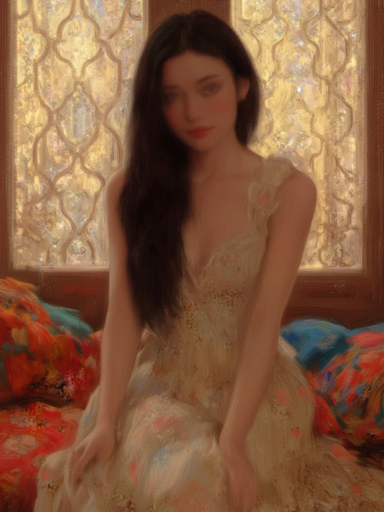 Digital painting with a romantic and intimate style, depicting a woman. The setting is indoors, with intricate, geometric-patterned windows in the background, allowing soft, golden light to filter through. She is seated on a richly textured surface, possibly a bed or couch, adorned with vibrant, patterned fabrics. The woman has long, flowing dark hair and is dressed in a light, elegant gown with subtle floral patterns. Their skin tones are warm and softly illuminated by the ambient light. The overall composition conveys a sense of warmth and closeness, enhanced by the detailed and harmonious color palette.