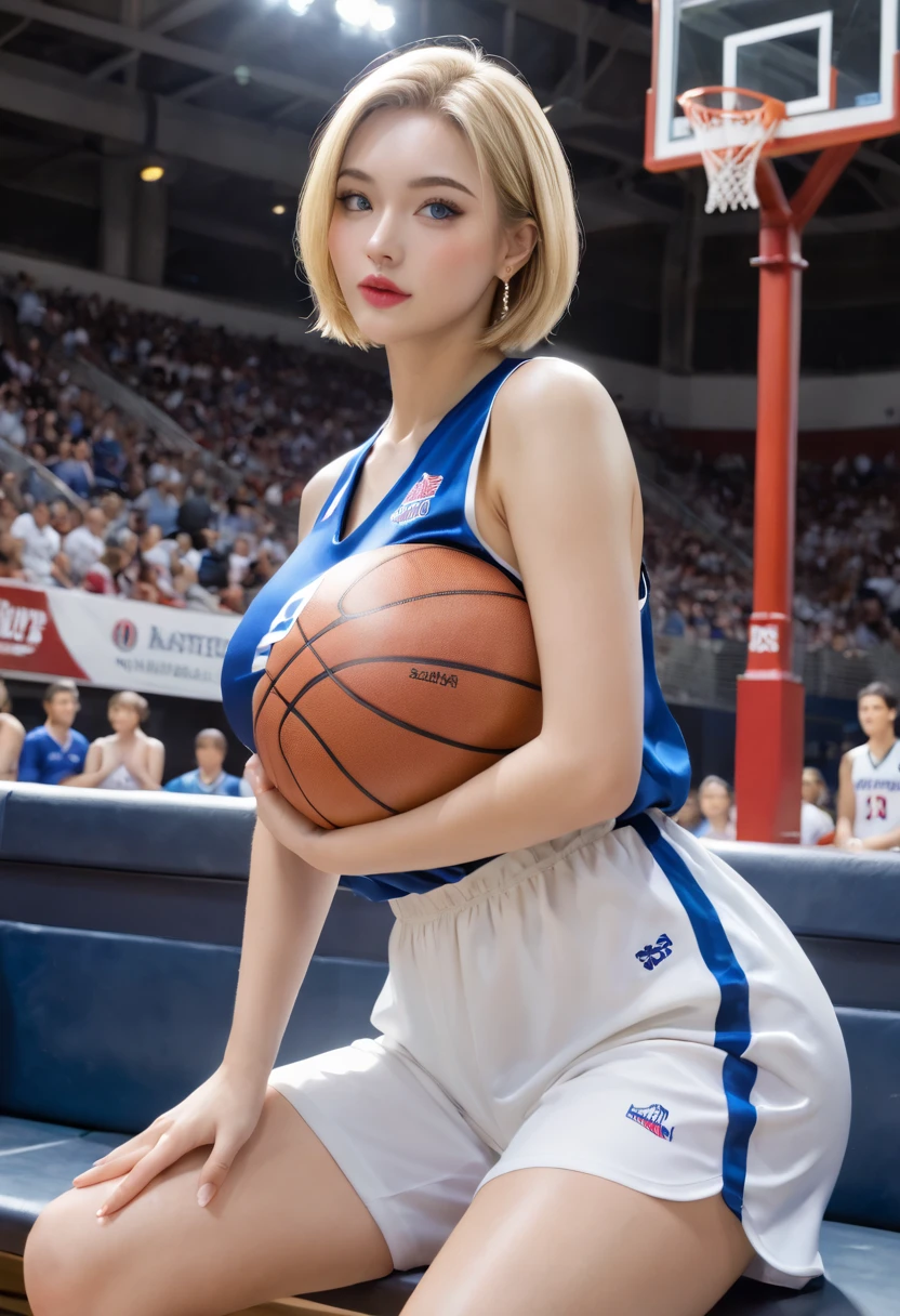 ( top quality: 1.3, masterpiece: 1.3), , ( 1 girl, Alone),  atmospheric perspective ,  detailed face ,  upper body, compensate,  pink lips, Cleft lip, shiny skin, (Blonde),  short hair, I'm looking in front of the audience, blue eyes,  earrings, big breasts,, (White Silk)、((Basketball uniform))、 oversized 、Basketball shooting form、 stretch your arms upward、(The bra is slightly visible from the sleeve)、Sideboob、blue bra、 sitting on a bench、 charming thighs 、  raises one leg below the foot、((((( East Asian architecture , Riverside,  beautiful background))),   Perfect Lighting  , (Front lighting), Physically based rendering,