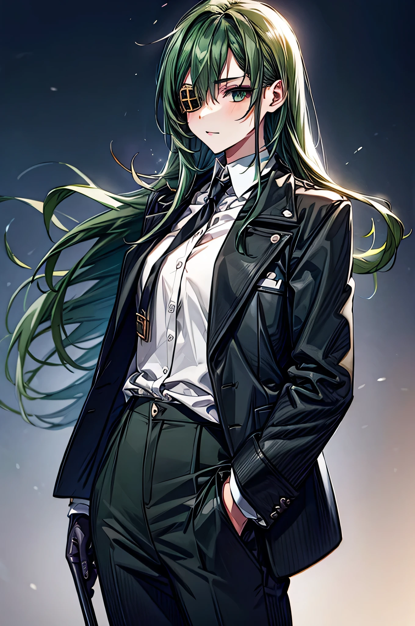  One Girl ，Dark green hair， long hair on background，Eye patch(right eye)， green eyes(left eye)， black suit， white shirt， black tie， black pants， Black Gloves ， is cool， handsome，Around town