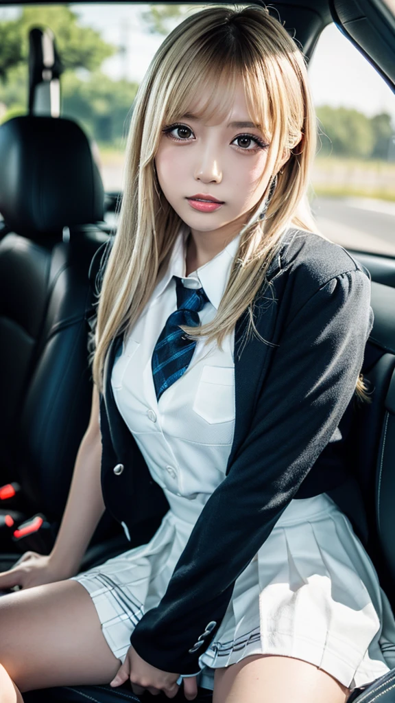 1girl, ((Blue Eyes)), Seductive face, ((Sana Minatozaki)), wide hips, Big Boobs, big ass, (Best Quality, 8k, Masterpiece: 1.3)) ) , Clear Focus: 1.2, Perfect Body Beauty : 1.4, Slender Abs: 1.2, Wet Body: 1.5, Highly detailed face and skin texture, detailed eyes, double eyelids, long_blonde_hair, long legs, Blazer uniform_brown, school shirt, plaid_skirt, tie_black, thigh-high_cover_stockings, Sitting on legs bending the knees, japanese neighborhood