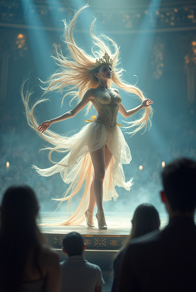 woman dancing barefoot, slave outfit, full body, illustration, color, bob haircut, barefoot, Jordan grimmer and Greg rutkowski, small breasts, blonde hair ponytail, cave background, watching berserker, hyperrealism, strong impressionist painting style, 1,618, elegant, ethereal, intricate, elaborate, hyper-realism, hyper-detailed, strong expressiveness and emotionality, cinematic lighting, visual clarity