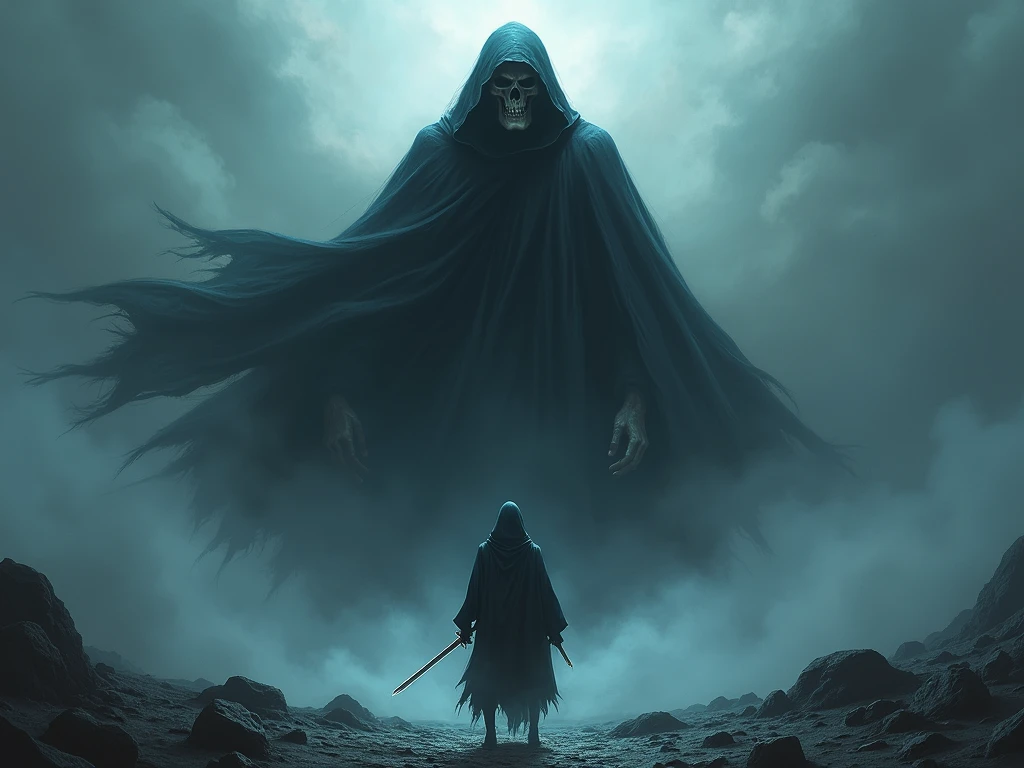 (masterpiece, best quality:1.2), Death in the Storm,cloak,Holding a red skull,moonlight,heavily clouded,Thunder and lightning, Dark fantasy illustration style , Dark Arts, High contrast, Dark Shadows, Atmospheric perspective, Melancholic colors, Thin Film Component, Volumetric Lighting, number, Brushstrokes, Dramatic Lighting, Low angle shot, Surrealism, Very detailed, Surrealism