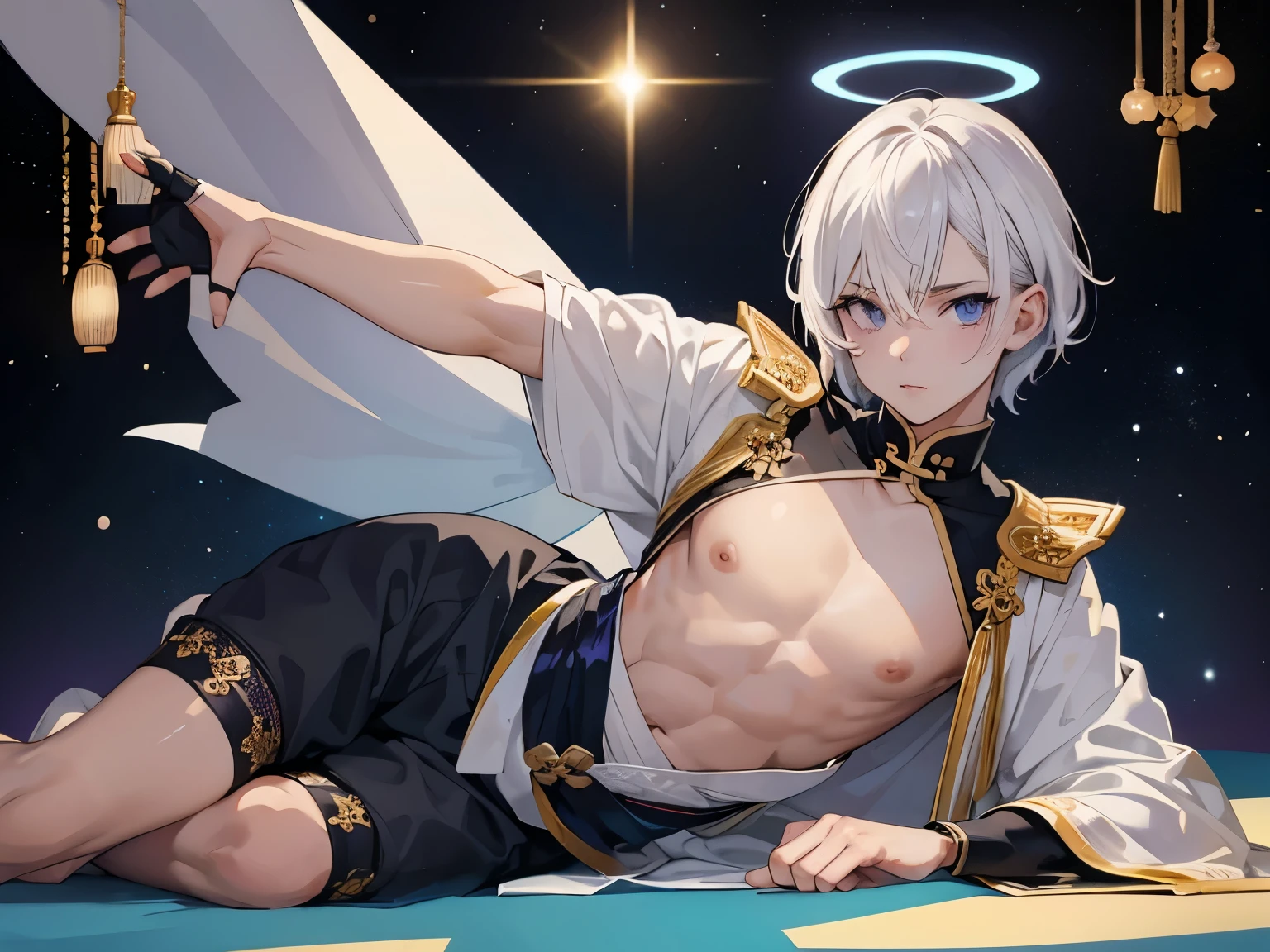 NSFW, ((​masterpiece)), ((Best Quality)), ((extremely delicate and beautiful)), ((Completely and perfect body)), (Perfect and delicate 2 hands with 5 fingers),
 ((In the church of evil at night)), (((One beautiful adult man with blonde hair and red eyes is evil demon))), ((He is standing proudly and showing off his big erect penis hard)), (evil magic circle that shines ominously purple), He is wearing a white cloak, Disgraceful black chain choker, (empty eyes, drooling, evil smile), slender, well-muscled, flat chest, He has a glowing heart-shaped magic circle tattoo on the center of his chest, (Blush with aroused), Lower half naked, His body has no pubic hair at all, Focus on character,