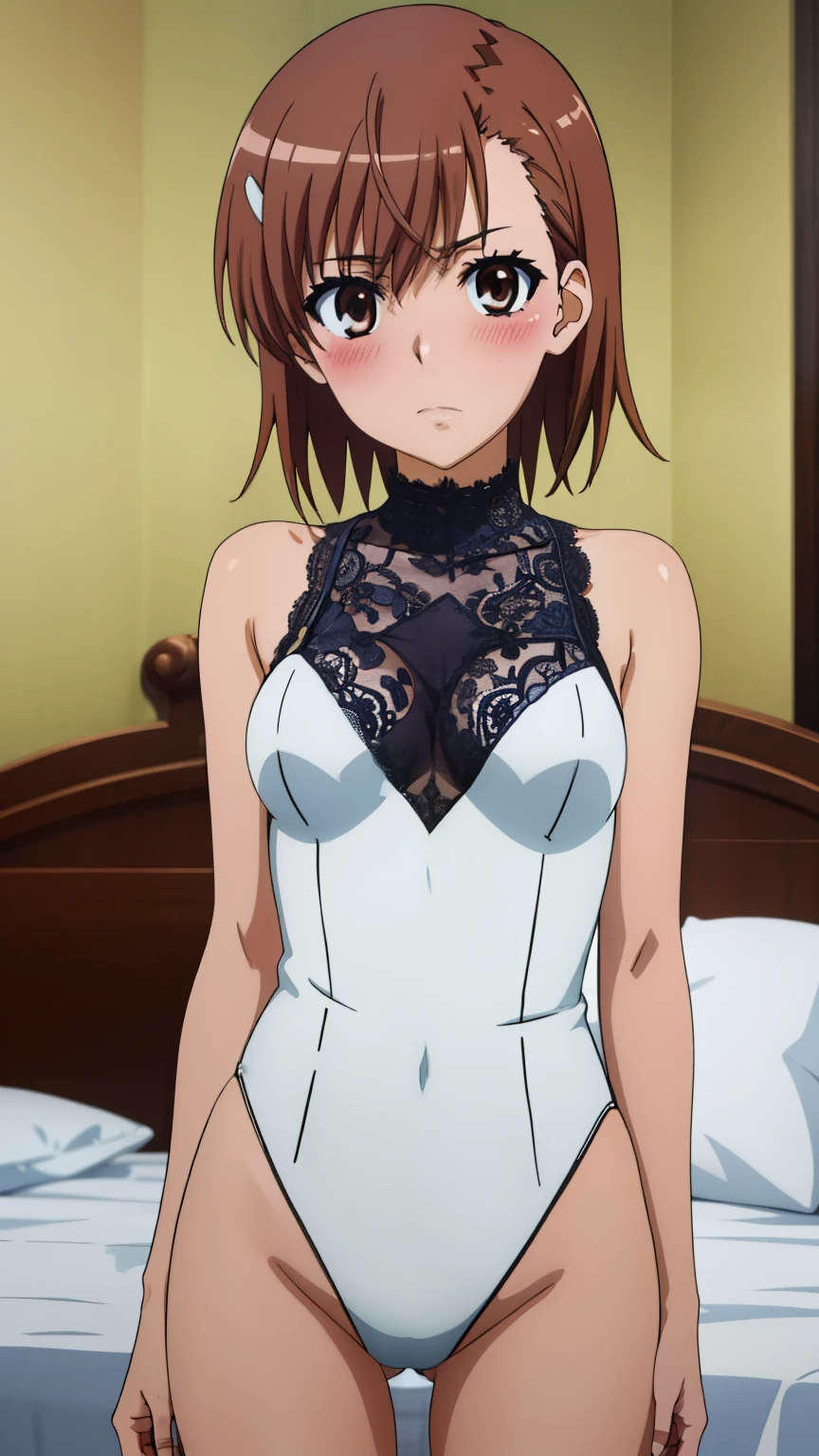 (masterpiece, best quality, high resolution, 8k:1.2), (anime coloring:1.2), highly detailed, beautiful eyes, perfect eyes, fine eyes, brown eyes, featuring big highlights, detailed face, highly detailed, fine eyes, symmetrical eyes, one girl, alone, Misaka Mikoto, brown hair, short hair, hairpin, (small breast), slim body, (nffsw, (lace leotard), thighs, blush, bed), looking at the viewer, in the center of the image, (beautiful_chest:1.0), (beautiful_face:1.2), (beautiful_waist:1.0), (cowboy shot), dutch angle,