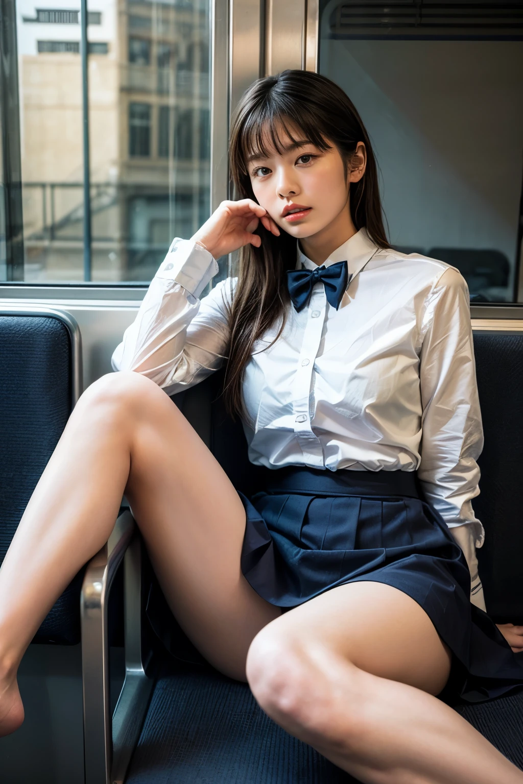 masterpiece, High resolution, Ultra High resolution, 4K, perfect hands,Black Hair, Japanese Girls, Navy blue Uniform skirt, White shirt, bow tie, Accentuate your thighs, White thighs, Soft thighs, Shiny thighs, Sitting on a train, Facing angle, Angle from below, Sitting on a train Seat, Sit in front, Zoom camera to hip joint, Put your feet on the train floor, whole body, Looking down and sleepy, Watch only viewers, Highest quality, Ultra High resolution, Realistic, High resolution, detailed, RAW Photos, sharp, Nikon Film Pictures, Images and Stock Photos, Rich lens color, Ultra-realistic and realistic texture, Dramatic lighting, Unreal Engine,