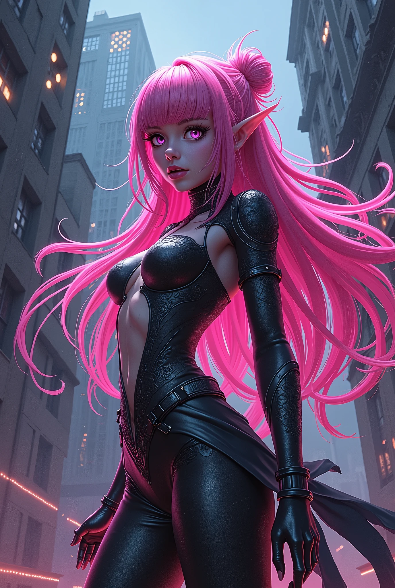 Woman, long wavy hair, pink hair, blue eyes, elf, sexy, sensual, black clothing, BDSM, sadistic, dark colors ,Smile, sexy,Holding a rubber penis, vibrator