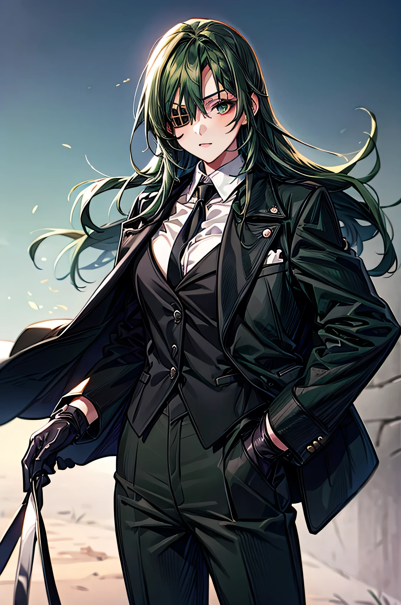  One Girl ，Dark green hair， long hair on background，Eye patch(right eye)， green eyes(left eye)， black suit， white shirt， black tie， black pants， Black Gloves ， is cool， handsome，Around town