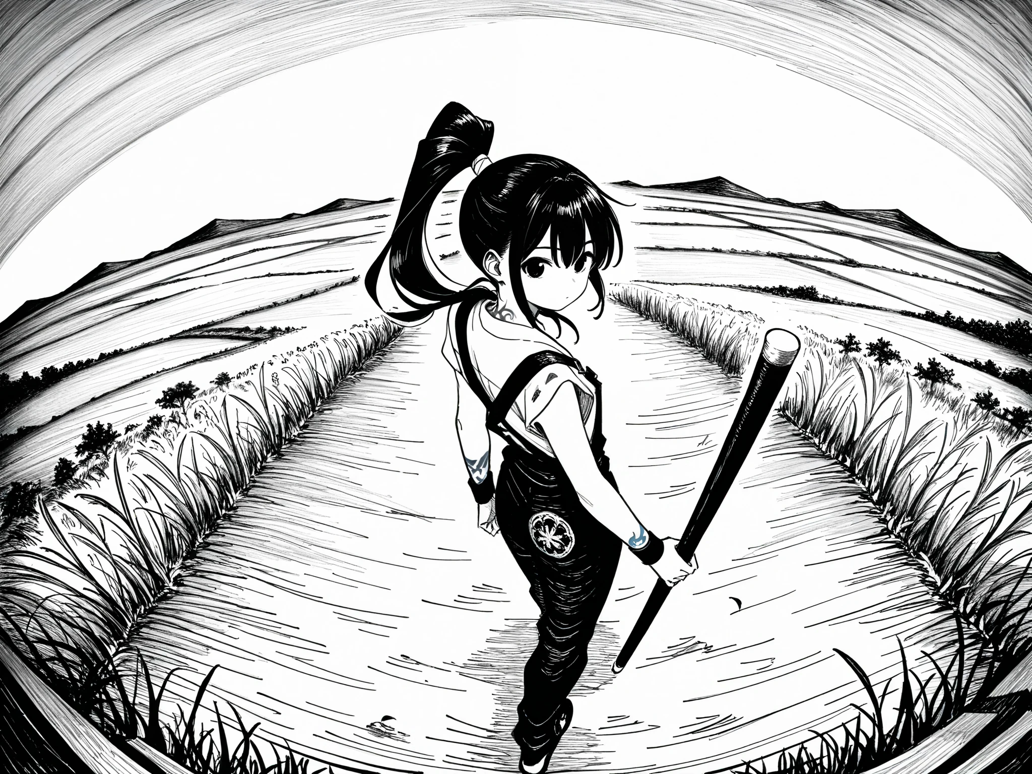 1girl, wearing a chinese , holding bo staff, looking back, martial artist, black hair tied in a high ponytail, black eyes, asian ethnicity, slender body. standing in a rice field, tattoos, fisheye perspective, cinematic manga hatching, ultra detailed hatching

An illustration the overall style of the illustration is inspired by the art of gustave Dore. 

Black and white, extremely detailed hatching, contour lines, 
