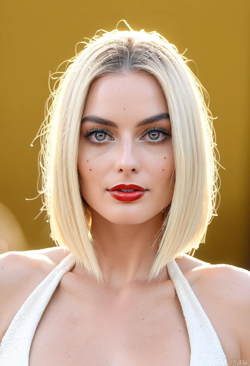 natural realistic skin texture, Super high res upper body portrait photo of a woman outdoors with long blonde bob_cut hair with centered hair part, symmetrical head, f /2.8, Canon, 85mm,cinematic, high quality,looking at the viewer, margot_robbie_model, (bright eyes with bright white sclera:1.4) and Monochromatic Eye Makeup, sassy style, (erect nipples poking dress), (huge cleavage, gigantic breasts with deep cleavage, red glitter plunge dress), breast focus, at a movie premiere, happy, bokeh