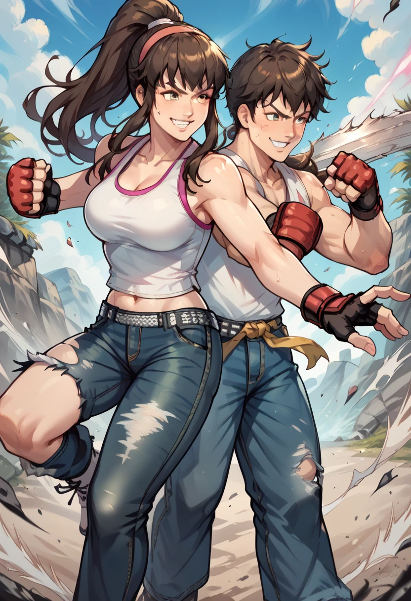 ((1 boy 1 girl)),  HitomiDOA, long dark brown hair in a ponytail, white tanktop, pink hairband, navel, fingerless gloves, jeans, smile, outdoors, fighting stance, fists raised, cleavage showing, fighting with a male opponent, boy and girl are facing one another,  a few feet apart, boy is facing the girl and looking at the girl,  girl is facing the boy and looking at the boy, the boy has his fist touching the girl, girl's clothes are ripped