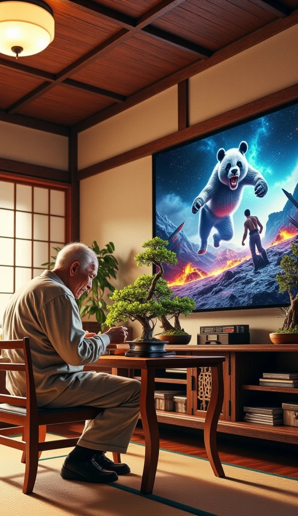 ultra-realistic, photorealistic, dramatic scene, shadow, global-illumination, solo, (An elderly Japanese man is taking care of bonsai trees in a Japanese stylish room), simple room wear, Japanese tatami floor, low table, Japanese furnishings, Christmas decoration, bonsai, the large old TV displays\(Muay Thai fighter vs. terrifying man-eating panda, there are the shouting Muay Thai fighter and terrifying panda with fang, volcano, thunder, giant meteorite, galaxy, blackhole, missile, explosion,  Muay Thai fighter shows extremely painful expressions\), bright ceiling lighting in the room, peaceful sunny day,