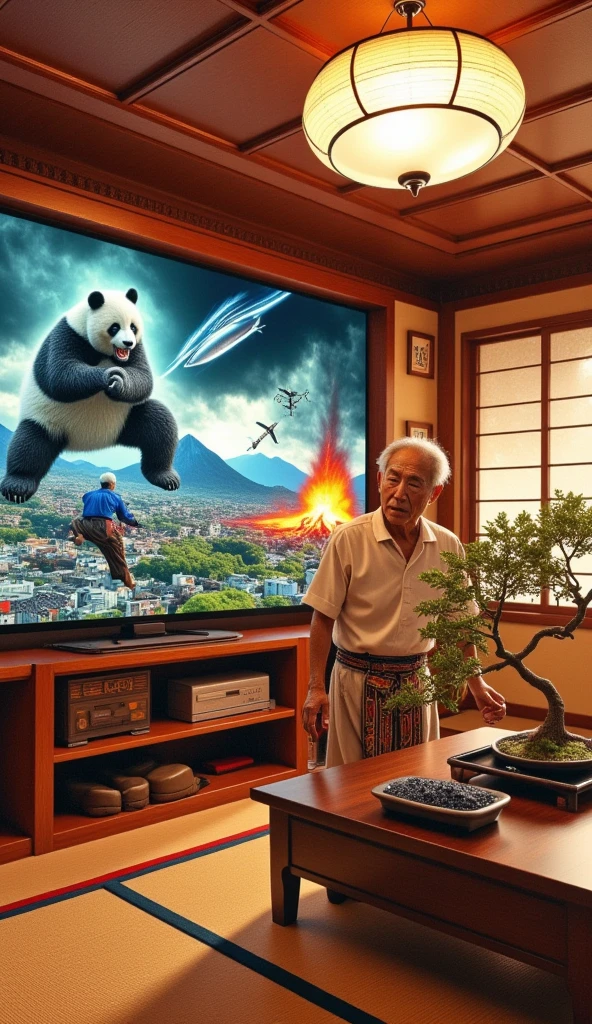 ultra-realistic, photorealistic, dramatic scene, shadow, global-illumination, solo, (An elderly Japanese man is taking care of bonsai trees in a Japanese stylish room), simple room wear, Japanese tatami floor, low table, Japanese furnishings, Christmas decoration, bonsai, the large old TV displays\(Muay Thai fighter vs. terrifying man-eating panda, there are the shouting Muay Thai fighter and terrifying panda with fang, volcano, thunder, giant meteorite, galaxy, blackhole, missile, explosion,  Muay Thai fighter shows extremely painful expressions\), bright ceiling lighting in the room, peaceful sunny day,