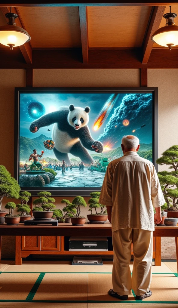 ultra-realistic, photorealistic, dramatic scene, shadow, global-illumination, solo, (An elderly Japanese man is taking care of bonsai trees in a Japanese stylish room), simple room wear, Japanese tatami floor, low table, Japanese furnishings, Christmas decoration, bonsai, the large old TV displays\(Muay Thai fighter vs. terrifying man-eating panda, there are the shouting Muay Thai fighter and terrifying panda with fang, volcano, thunder, giant meteorite, galaxy, blackhole, missile, explosion,  Muay Thai fighter shows extremely painful expressions\), bright ceiling lighting in the room, peaceful sunny day,