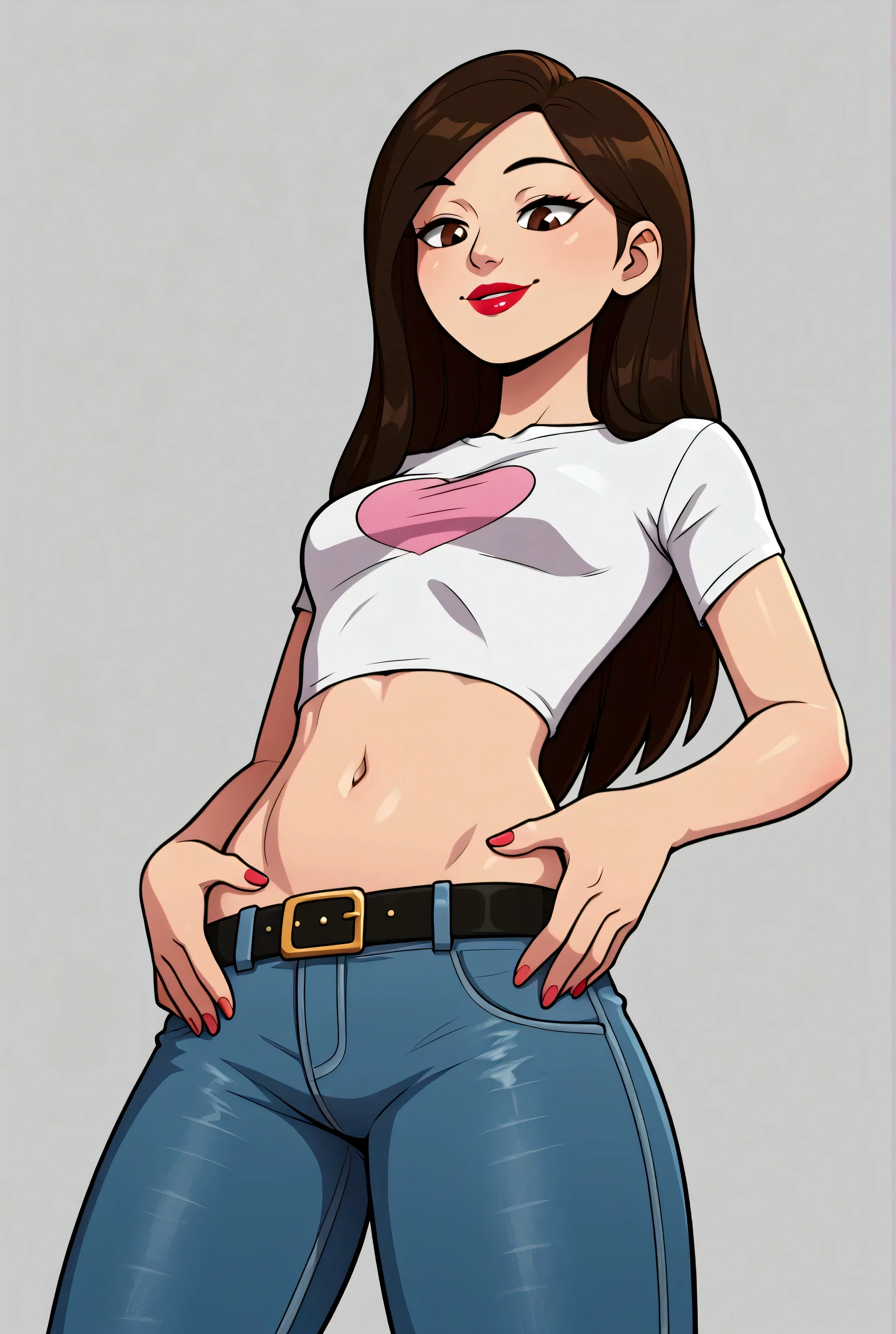 Asian woman, long hair, solo, wearing lipstick, small white t-shirt, crop top, jeans, belt, midriff, navel, smile, hands on own stomach, looking down