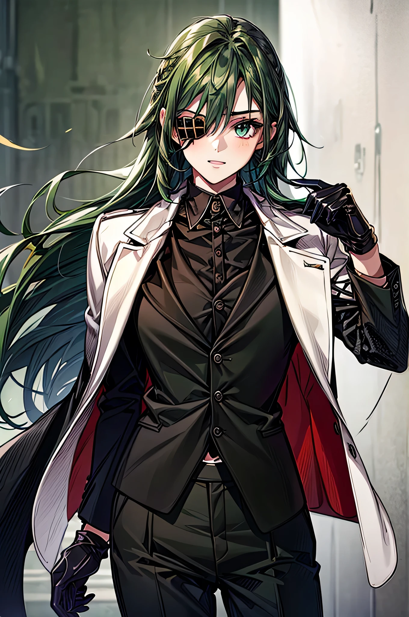  One Girl ，Dark green hair， long hair on background，Eye patch(right eye)， green eyes(left eye)， black suit， white shirt， black tie， black pants， Black Gloves ， is cool， handsome，Around town