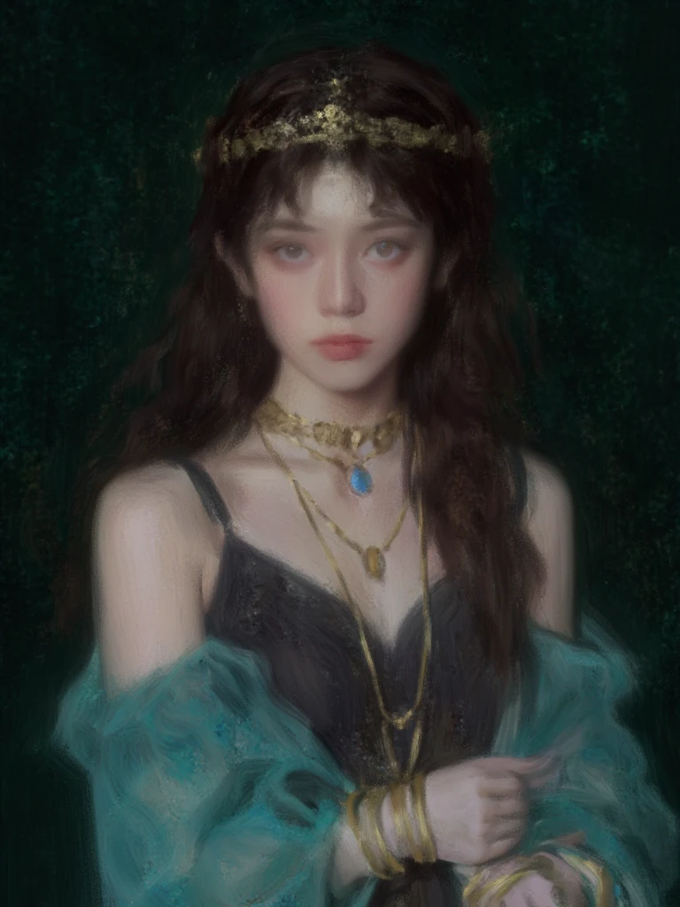 Digital painting featuring a fantasy-style portrait of a woman with an ethereal appearance. She has fair skin and long, wavy brown hair adorned with a golden headpiece. Her facial features are delicate, with a serene expression. She is dressed in a flowing, translucent teal fabric that drapes over her shoulders and arms, revealing a dark, intricately patterned top. Her arms are adorned with multiple gold bangles and jewelry. She wears a necklace with a large blue gemstone, and additional gold chains hang from her neck. The background is a dark, textured green, enhancing the mystical and regal atmosphere of the composition.