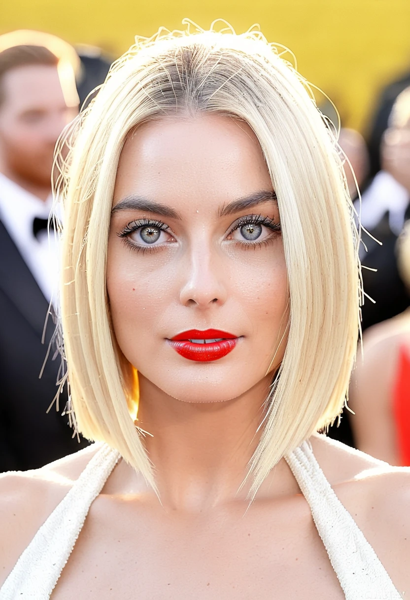 natural realistic skin texture, Super high res upper body portrait photo of a woman outdoors with long blonde bob_cut hair with centered hair part, symmetrical head, f /2.8, Canon, 85mm,cinematic, high quality,looking at the viewer, margot_robbie_model, (bright eyes with bright white sclera:1.4) and Monochromatic Eye Makeup, sassy style, (erect nipples poking dress), (huge deep cleavage, gigantic breasts, wearing a red_glitter_plunge_dress), breast focus, at a movie premiere, (happy), bokeh